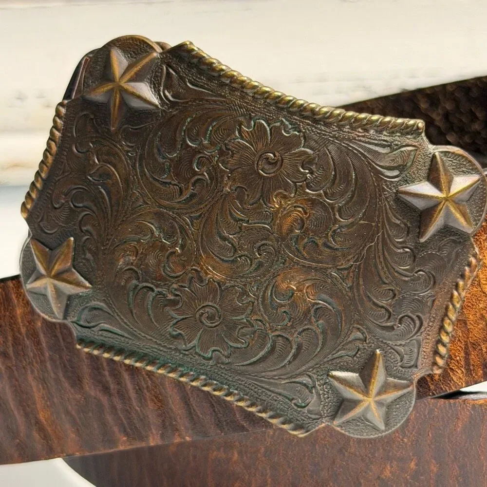 Streets Ahead Brown Leather Western Belt Oversized Floral Star Buckle